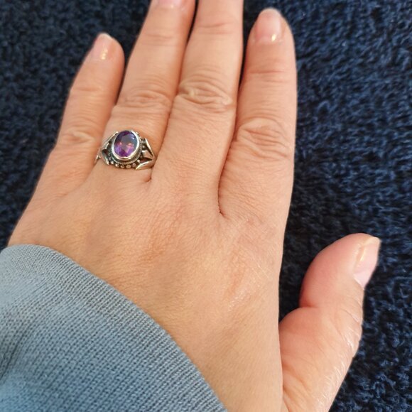 Vintage 9x 6mm Natural Amethyst 925 Sterling Silver Art Nouveau Ring - Picture 7 of 11